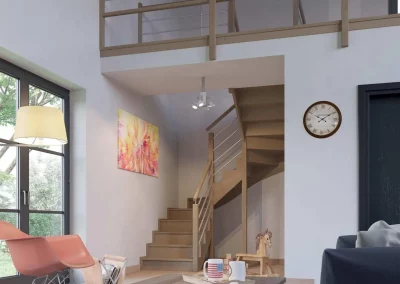 escalier à la française 2 crémaillères en hêtre finition chêne moyen